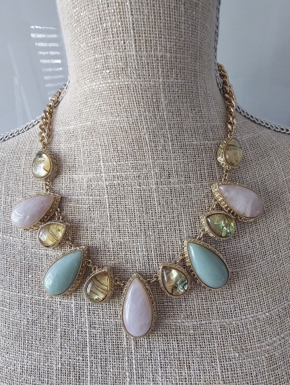 Anthropologie Gold-Tone Teardrop Statement Necklace with Pastel Stones